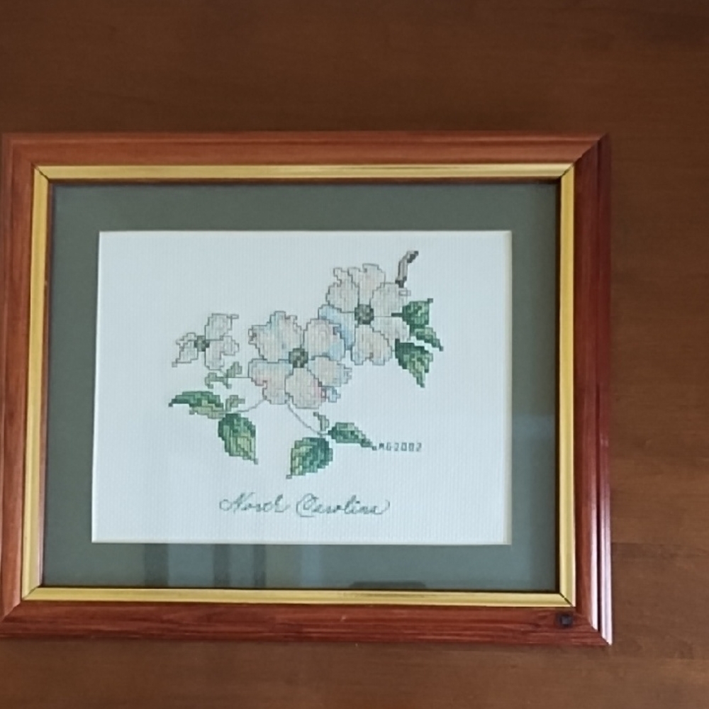 Vintage Handcrafted North Carolina Dogwood Cross Stitch Framed Art